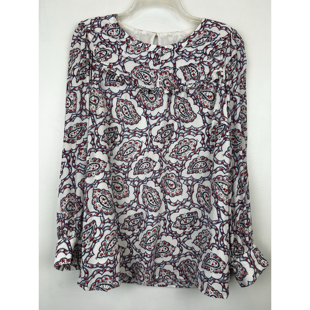 Talbots Top Womens Large Blue Paisley Tunic Top Lined Ruffle Modest Career